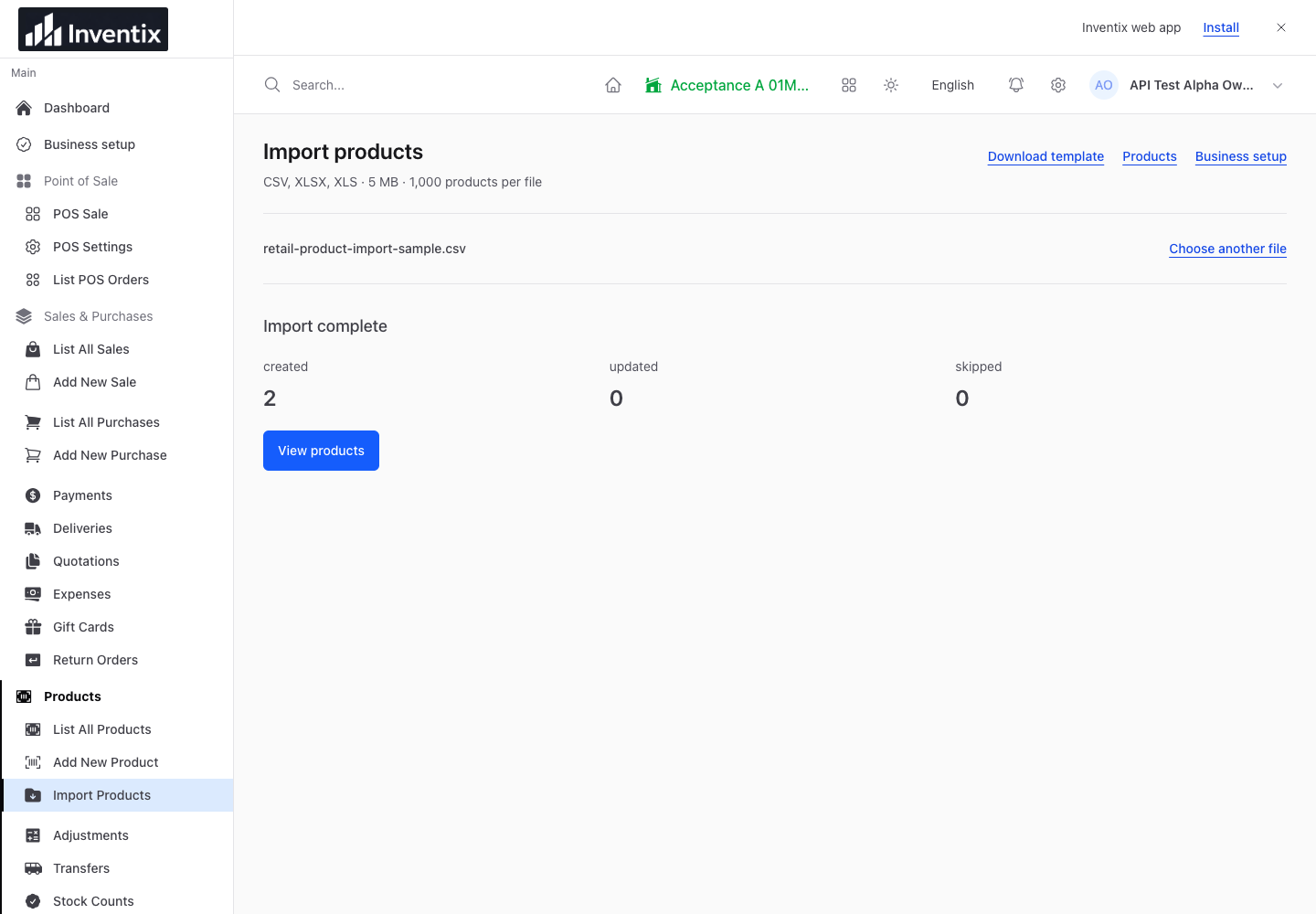Inventix import completion showing two products created from the sample file