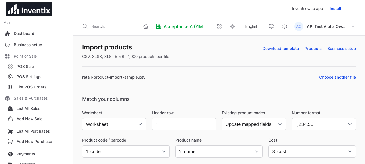 Inventix import mapping screen with the sample file and matched product-code, name and cost columns