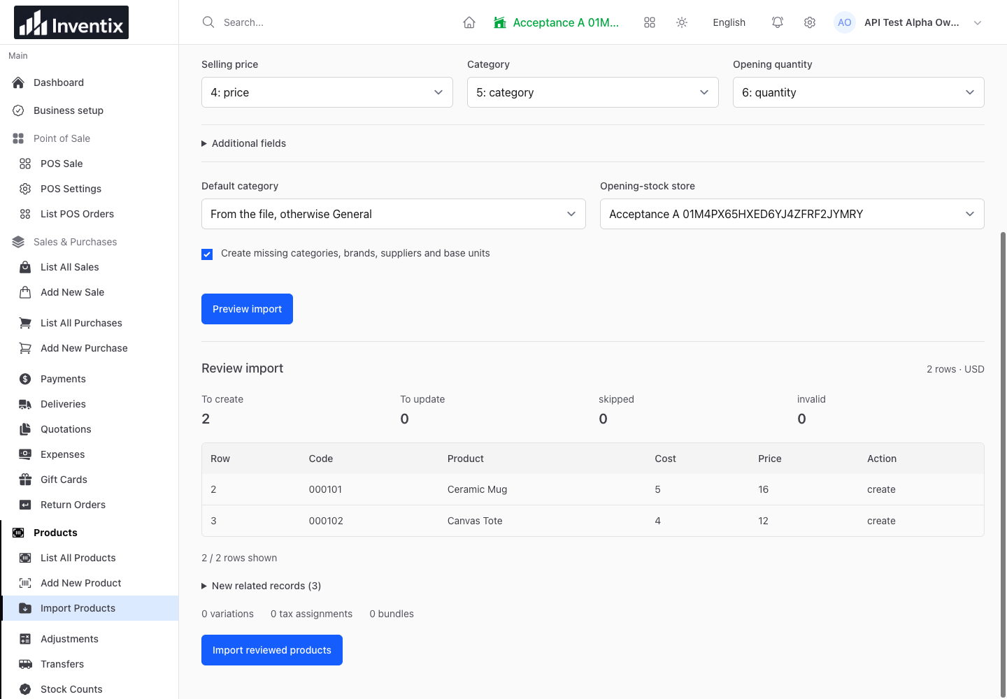 Inventix import preview showing the sample products 000101 and 000102, prices 16 and 12, and no invalid rows