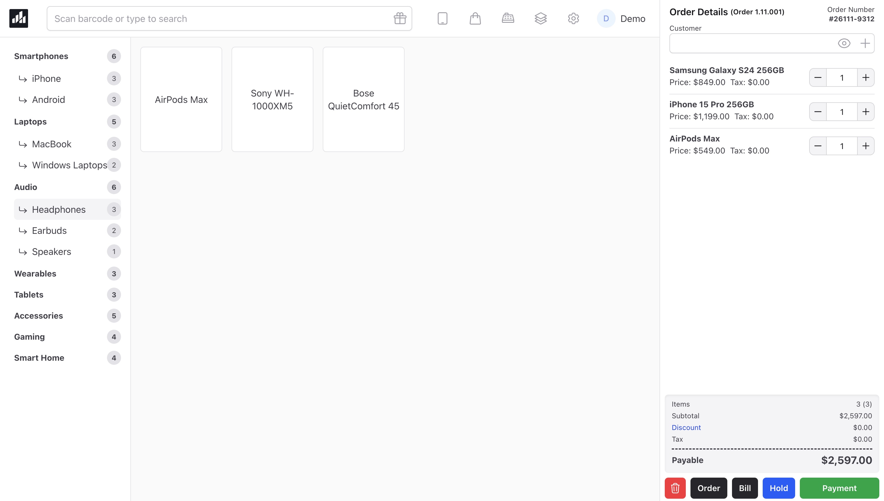 Inventix checkout with barcode search, customer field, order lines and Payment action