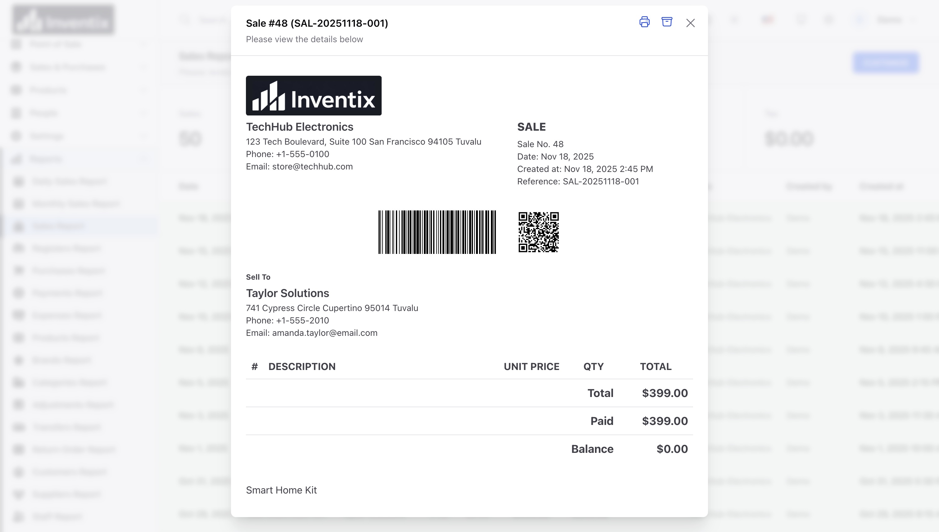 Inventix sales invoice showing customer details, products, totals and payment information