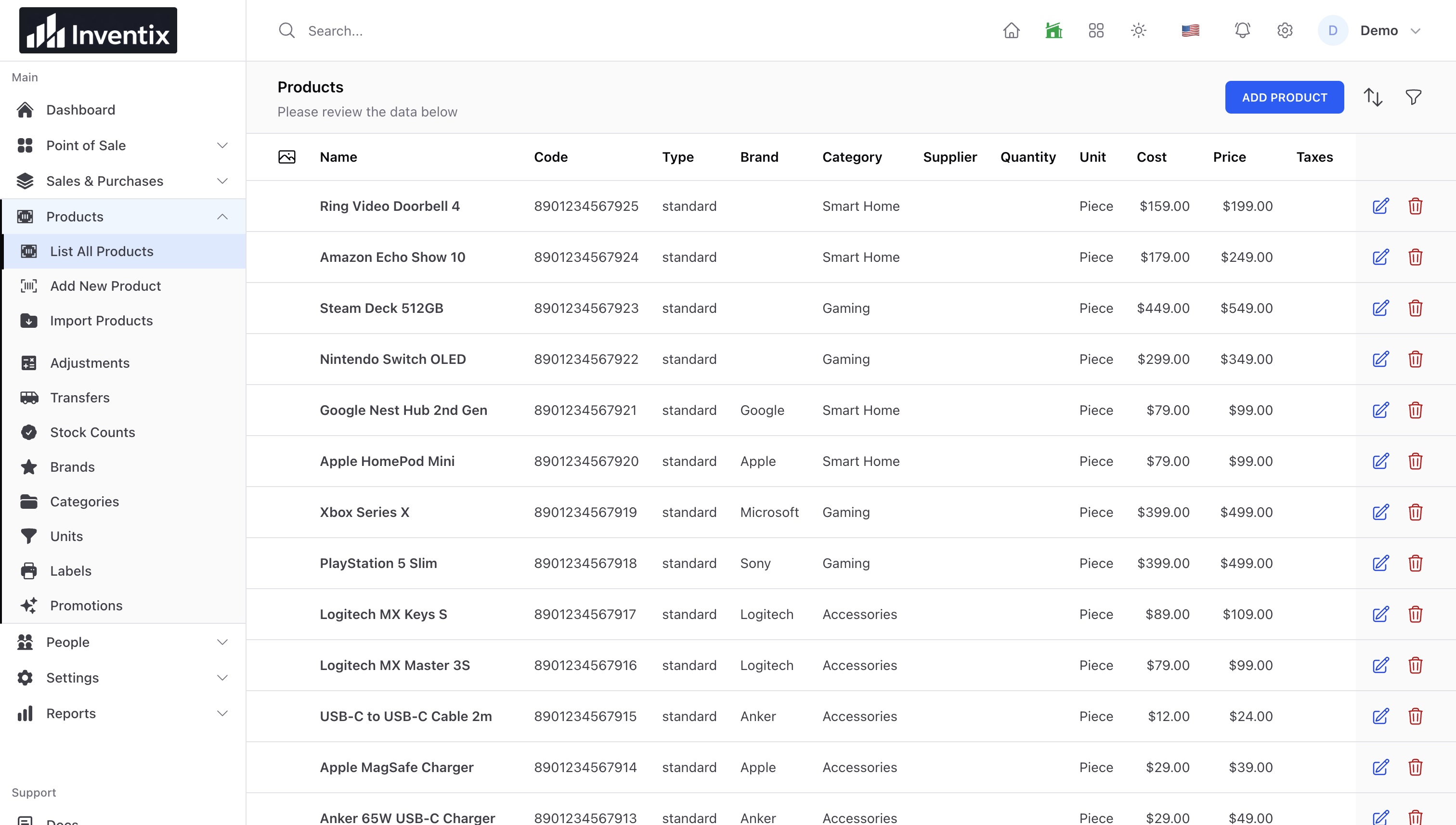 Inventix product list with stock quantities and product codes