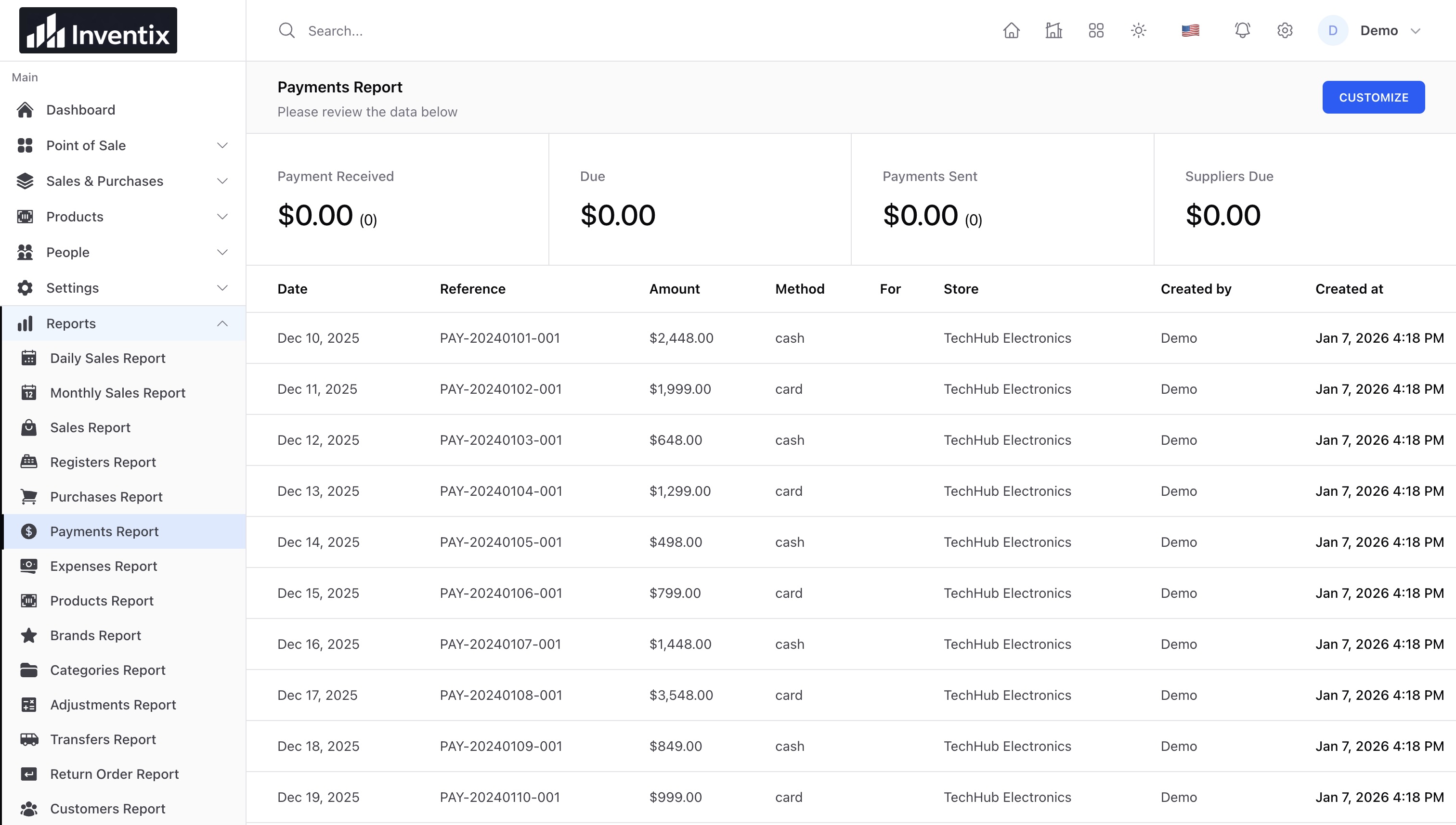 Inventix payment report showing payment amounts and references