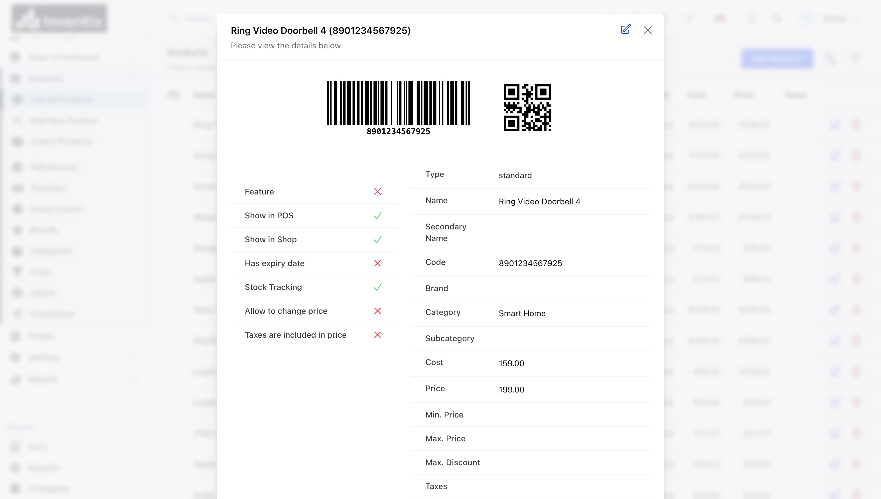 Inventix product details with name, code, pricing and stock settings